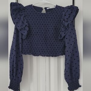 Zara Blue Ruffled Smocked Long Sleeve Blouse Sz L